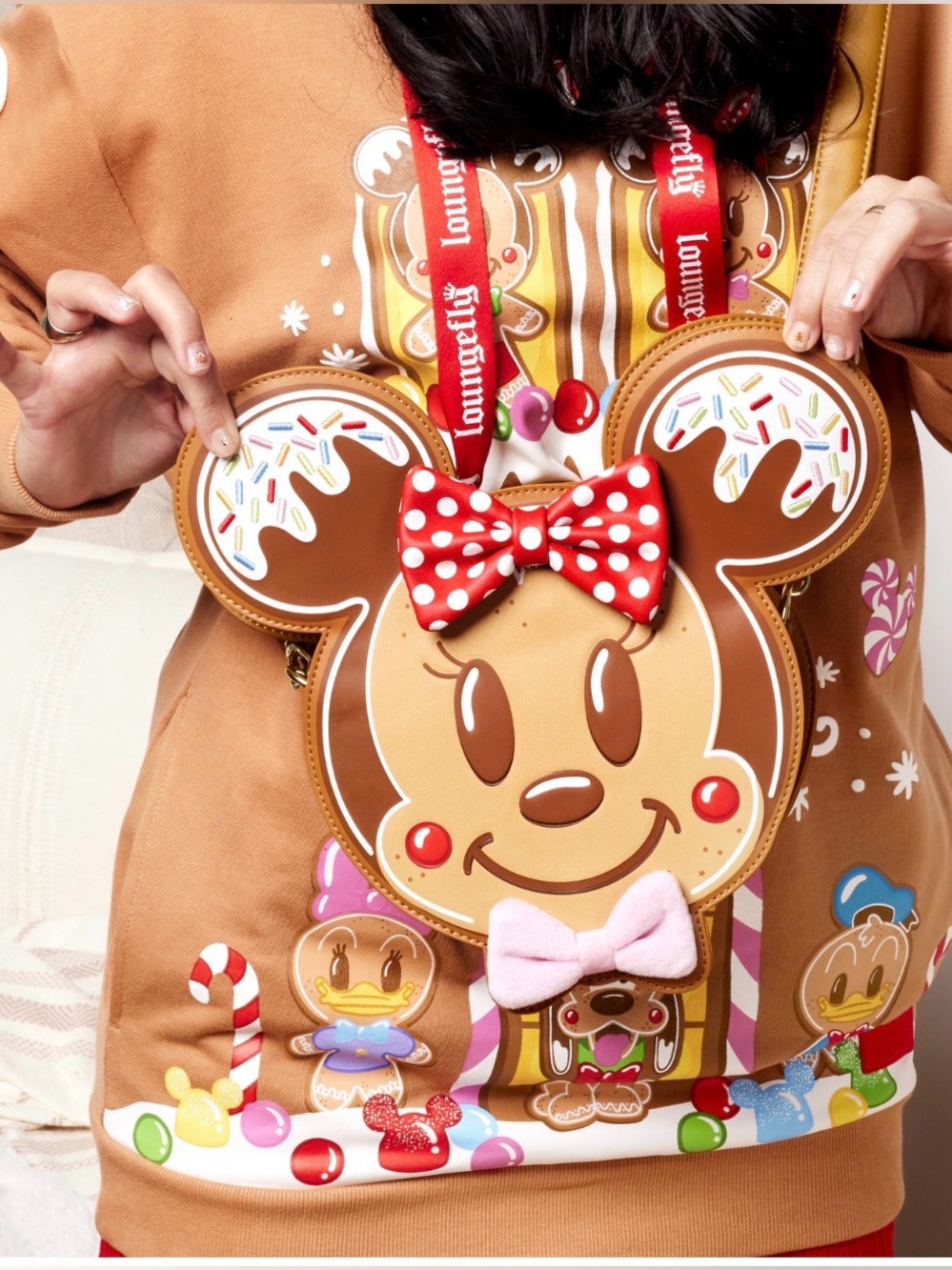 New•Loungefly x Disney Mickey & Minnie Gingerbread Cookie Figural Crossbody Bag.